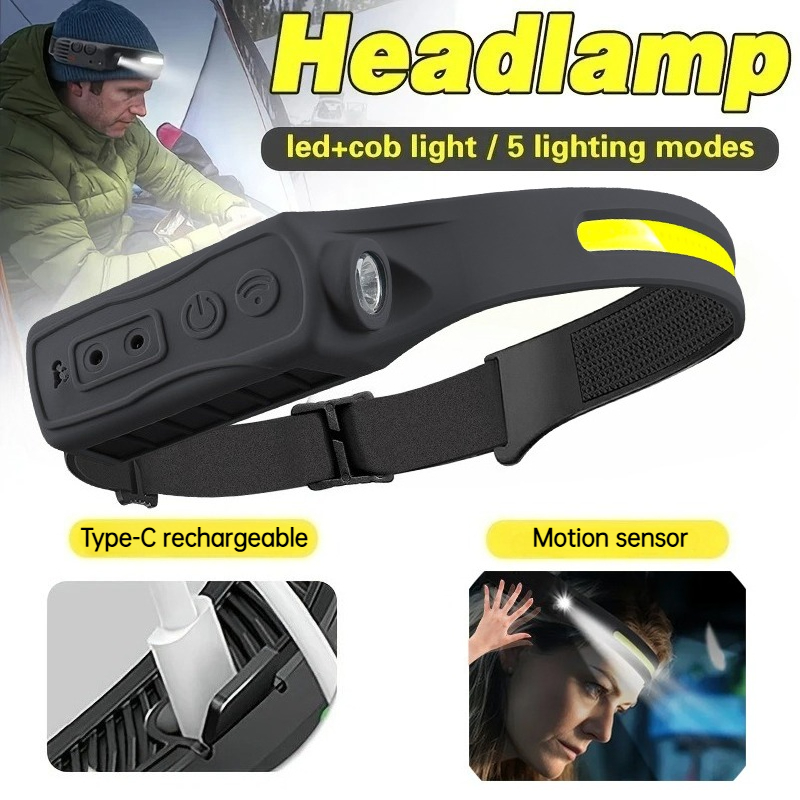 Outdoor Lighting Sensor - Krachtige COB LED-sensorkoplamp Oplaadbare hoofdzaklamp 5-verlichtingsmodi