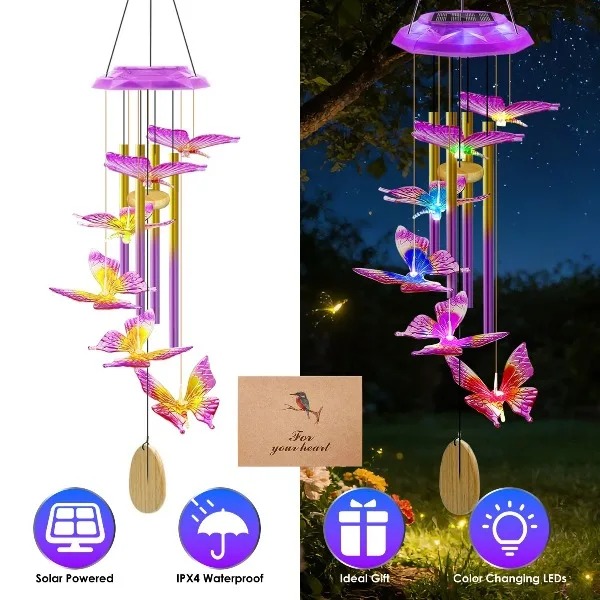 Color Changing Outdoor - Zonne-vlinder windgong met aluminium buizen, 7